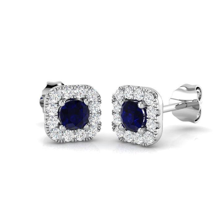 Aretes de racimo cuadrado de diamantes y zafiros azules de 0,60 ct, oro blanco de 18 k