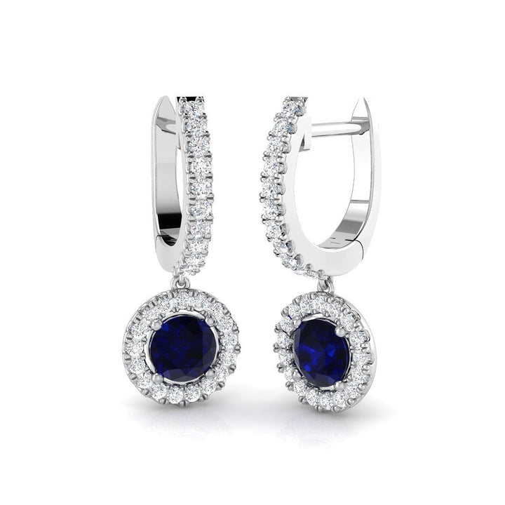 Aretes colgantes de diamantes y zafiros azules de 1,30 quilates en oro blanco de 18 k