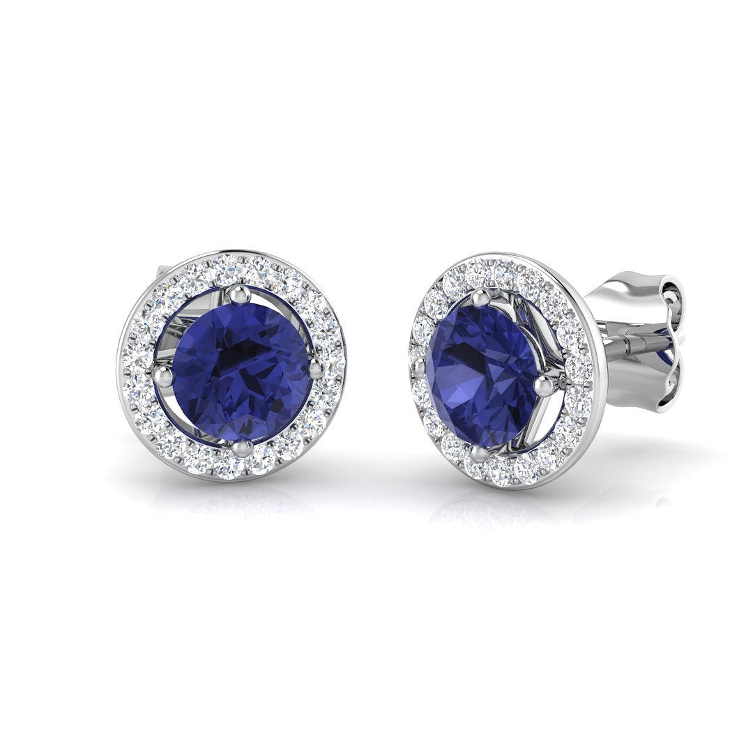 1.35ct Tanzanite & Diamond Round Cluster Earrings 18k White Gold - All Diamond
