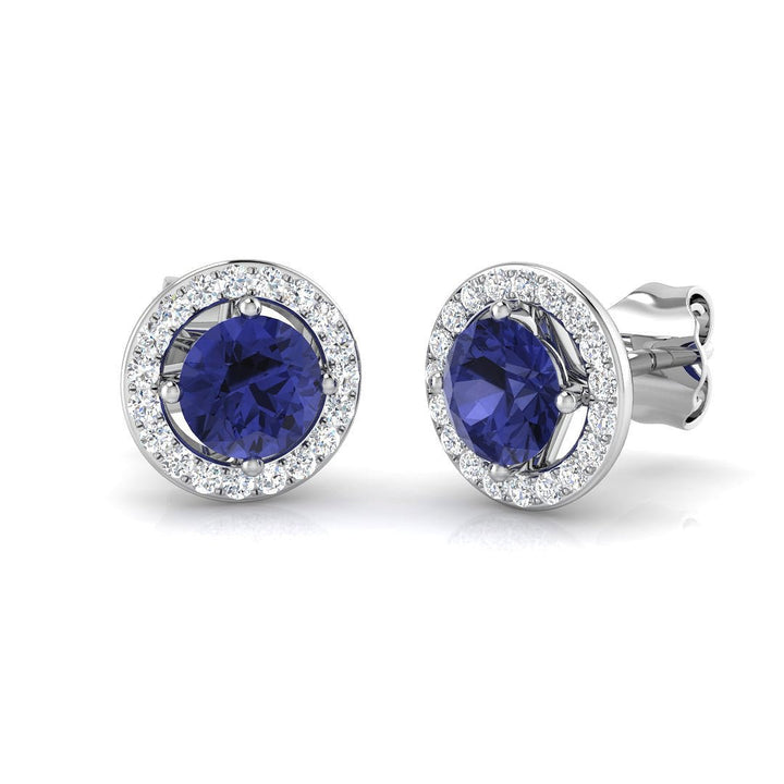 Pendientes de racimo redondo de tanzanita y diamantes de 1,35 ct, oro blanco de 18 k