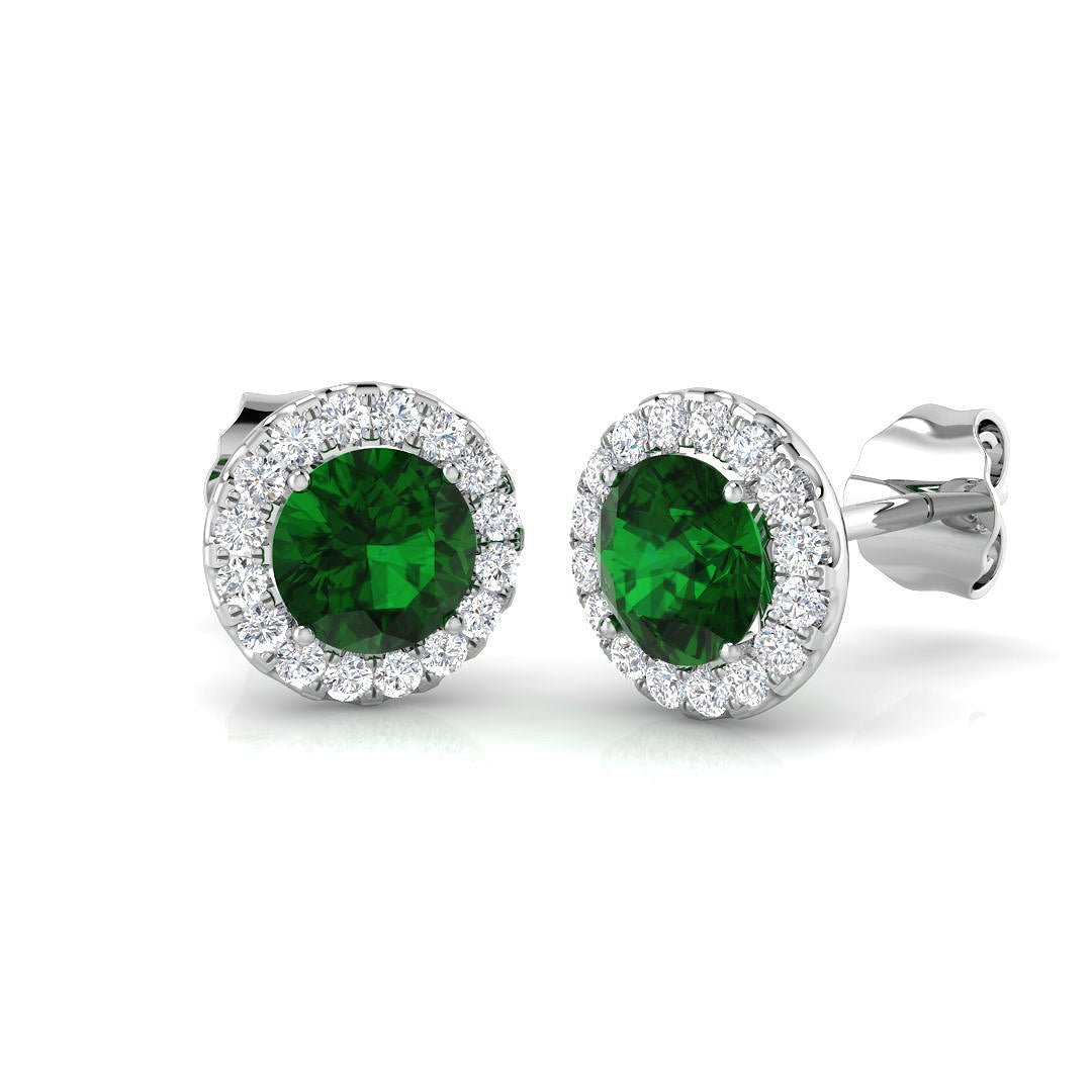 Diamond Halo Emerald Earrings 1.30ct Set in 9k White Gold - All Diamond