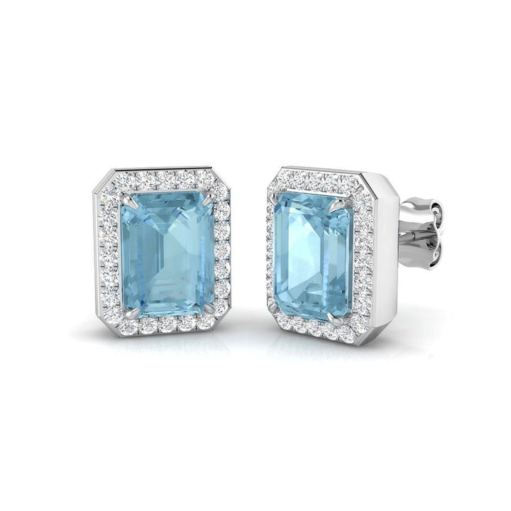 Aretes rectangulares de diamantes y aguamarina de 2,85 quilates en oro blanco de 18 k