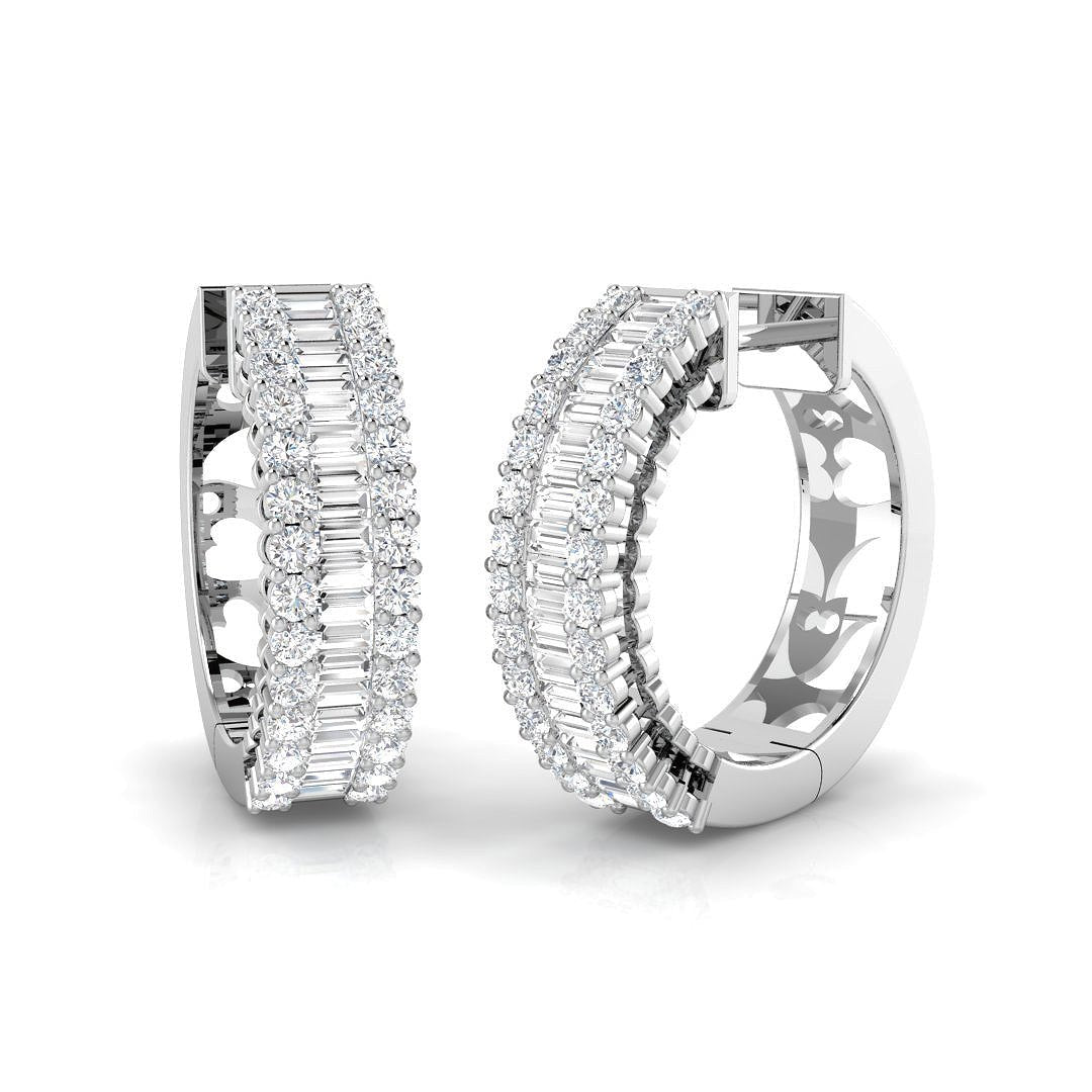 Round & Baguette Hoop Diamond Earrings 1.33ct G/SI 18k White Gold - All Diamond