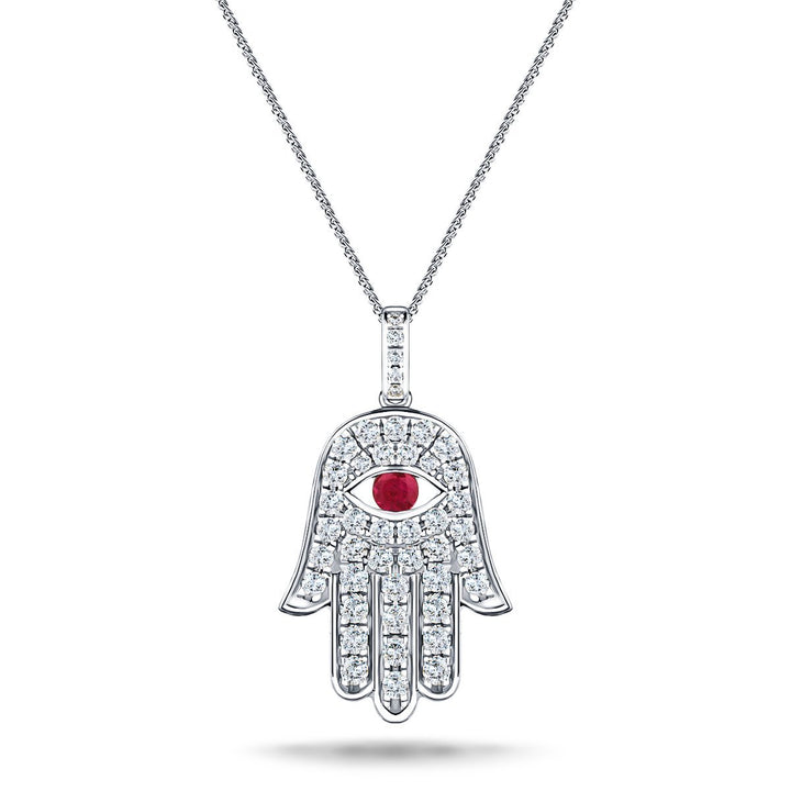 Collar con colgante de Hamsa 'Evil Eye' de oro blanco de 18 quilates con rubí y diamantes de 0,33 quilates