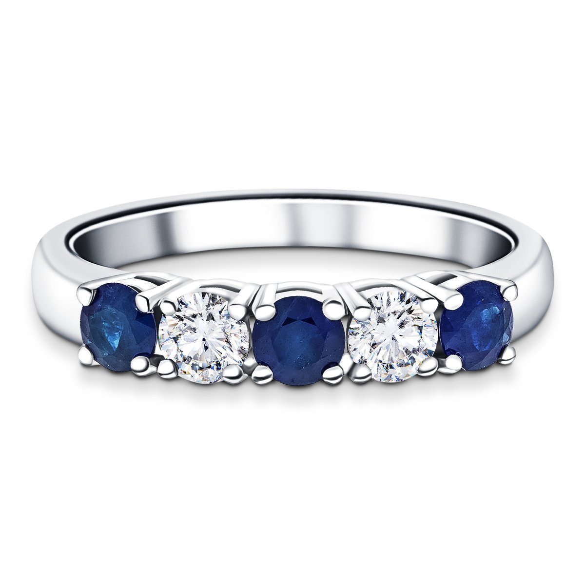 0.60ct Blue Sapphire 0.30ct Diamond Five Stone Ring 18k White Gold - All Diamond
