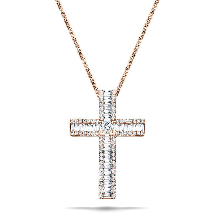 Cruz de diamantes redondos y baguette de 1,10 quilates en oro rosado de 18 k