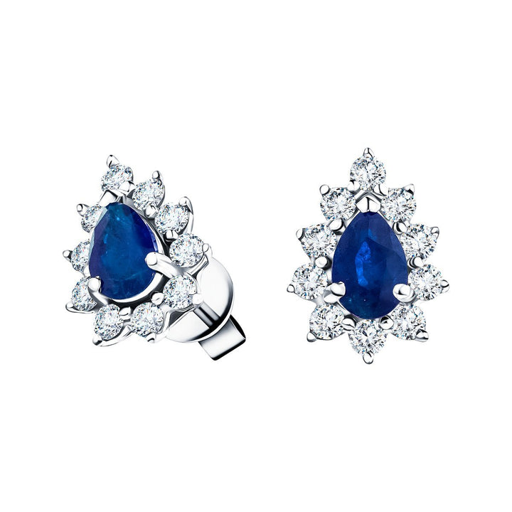Aretes de racimo de pera de diamantes y zafiros azules de 1,30 quilates en oro blanco de 18 k