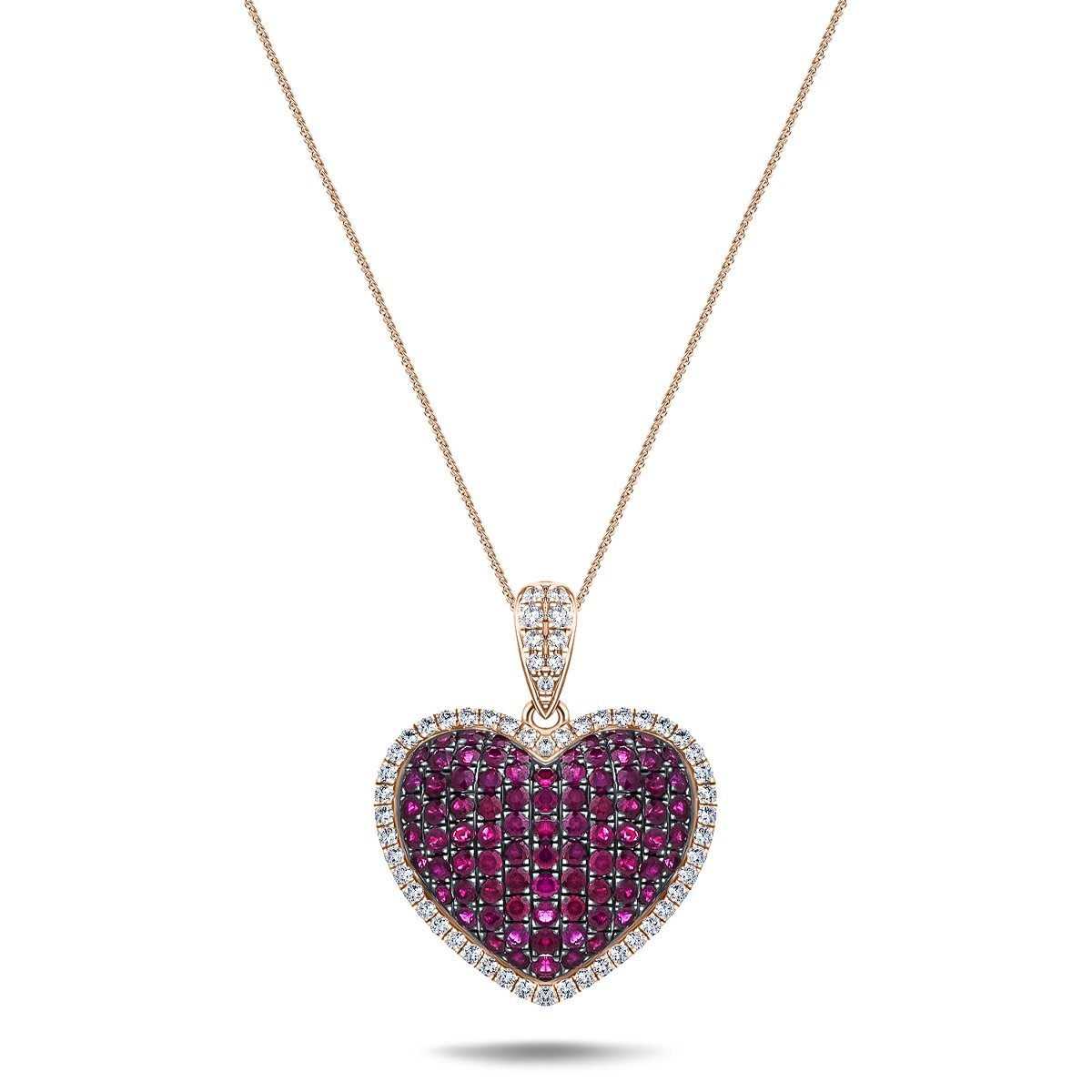 1.67ct Ruby & 0.43ct Diamond Heart Shaped Necklace in 18k Rose Gold - All Diamond