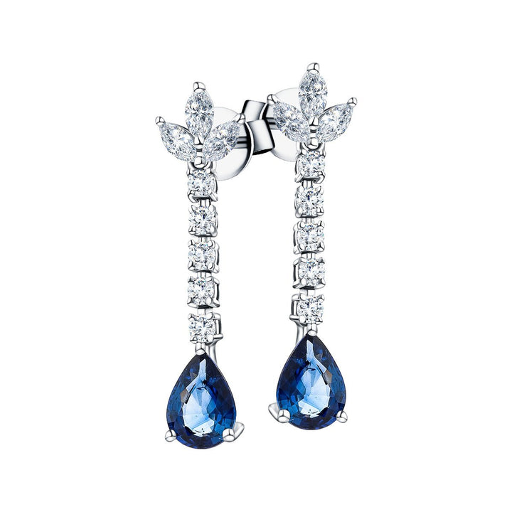 Aretes colgantes de diamantes y zafiros azules de 1,90 quilates en oro blanco de 18 k