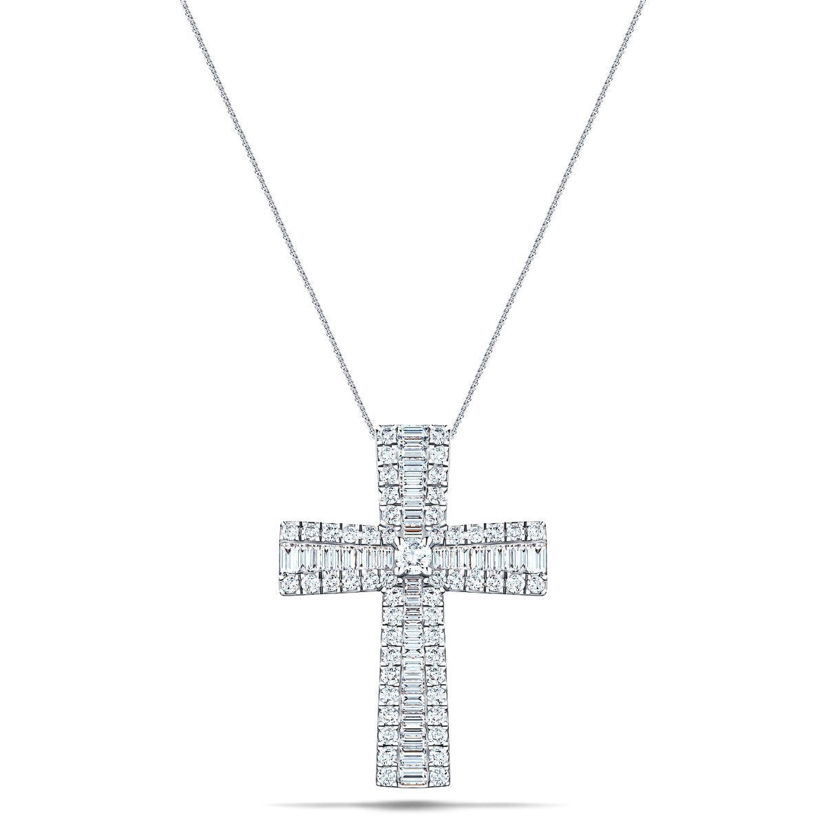 3.00ct Baguette and Round Cut Claw Set Diamond Cross in 18k White Gold - All Diamond