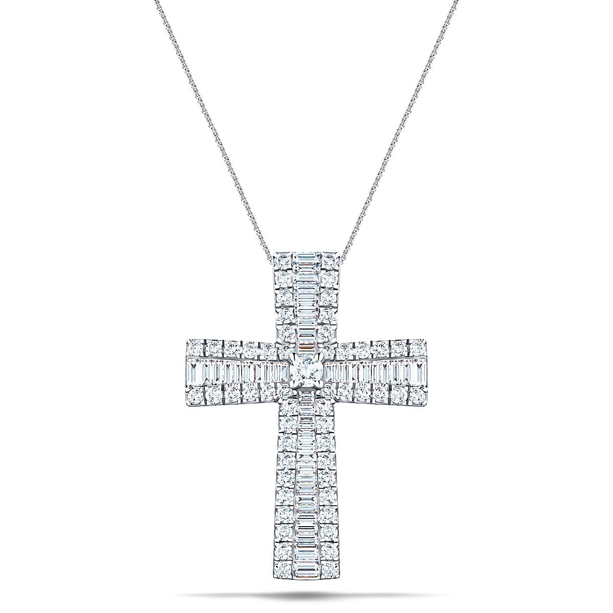 3.00ct Baguette and Round Cut Claw Set Diamond Cross in 18k White Gold - All Diamond