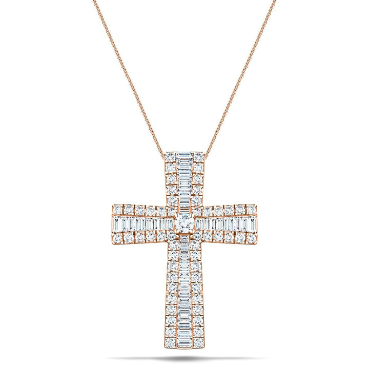 Cruz de diamantes de talla redonda y talla baguette de 3,00 quilates en oro rosado de 18 k