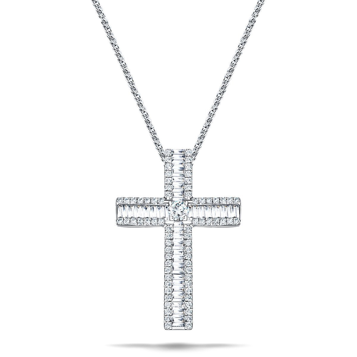 3.00ct Baguette & Round Diamond Cross in 18k White Gold - All Diamond
