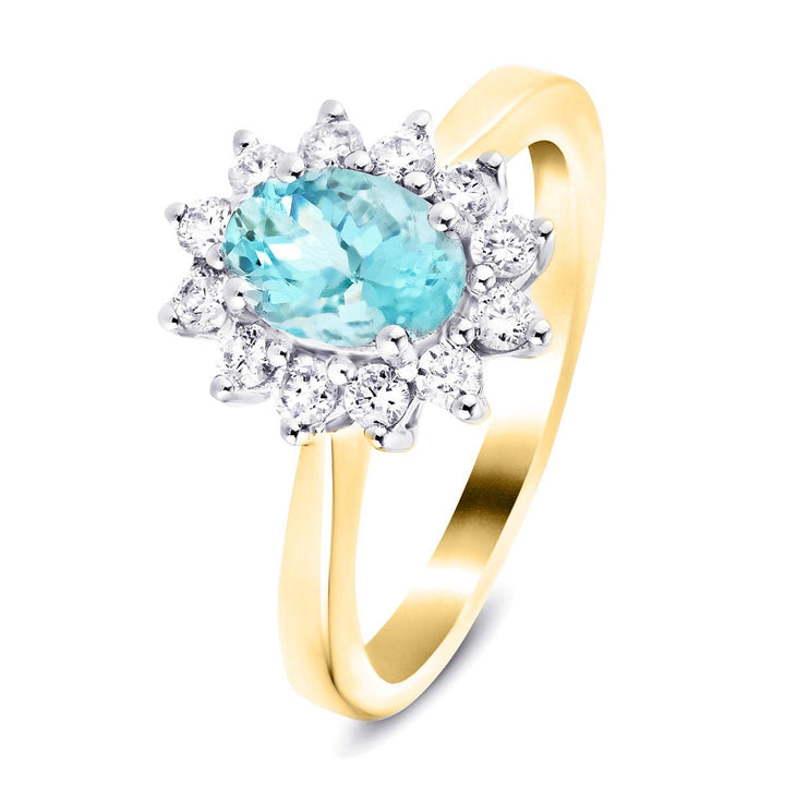 Anillo Cluster de Aguamarina 0.65ct y Diamante 0.31ct en Oro Amarillo 18K