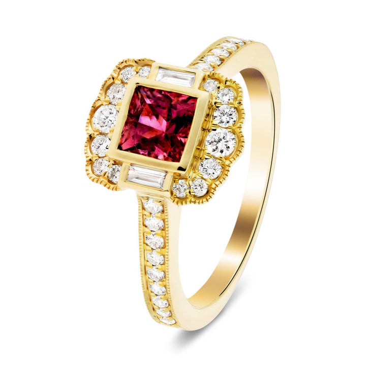 Cojín Art Deco Turmalina rosa y diamante 1.05ct Anillo Oro amarillo de 18 k