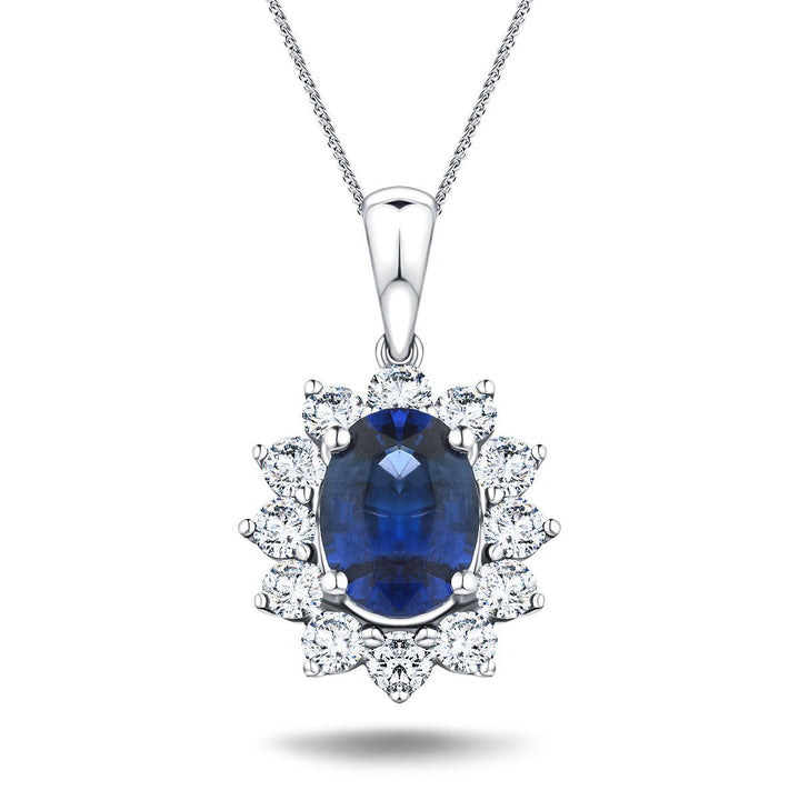 Blue Sapphire 1.40ct & 0.60ct G/SI Diamond Necklace in 18k White Gold