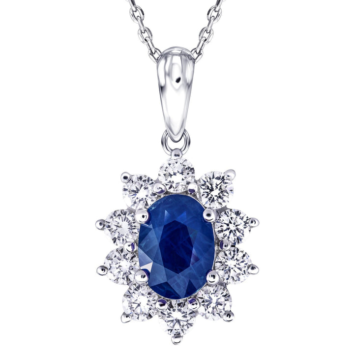 Collar de diamantes G/SI de 1,50 ct y 1,00 ct con zafiro azul en oro blanco de 18 k