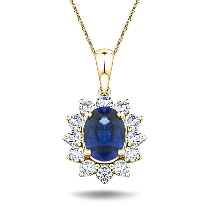 Collar de diamantes G/SI de 1,80 ct y 0,70 ct con zafiro azul en oro amarillo de 18 k