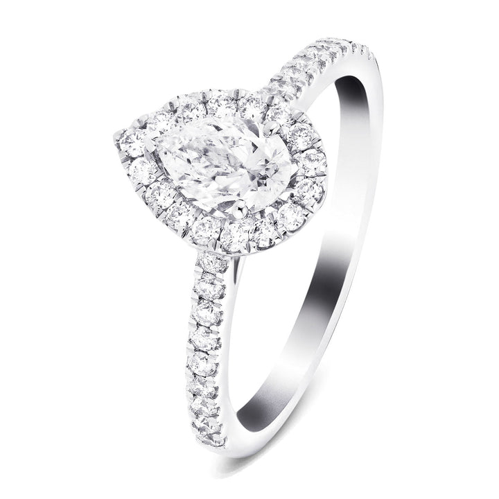 Anillo de compromiso de pera con halo de diamantes certificados, platino de 1,45 quilates