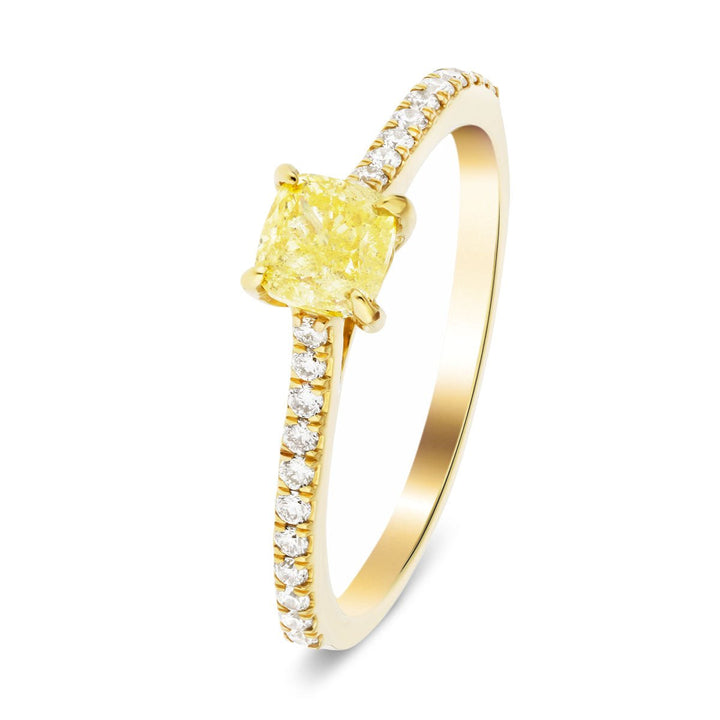 Anillo de compromiso de diamante de talla cojín amarillo certificado de 0,85 quilates Anillo de oro amarillo de 18 k