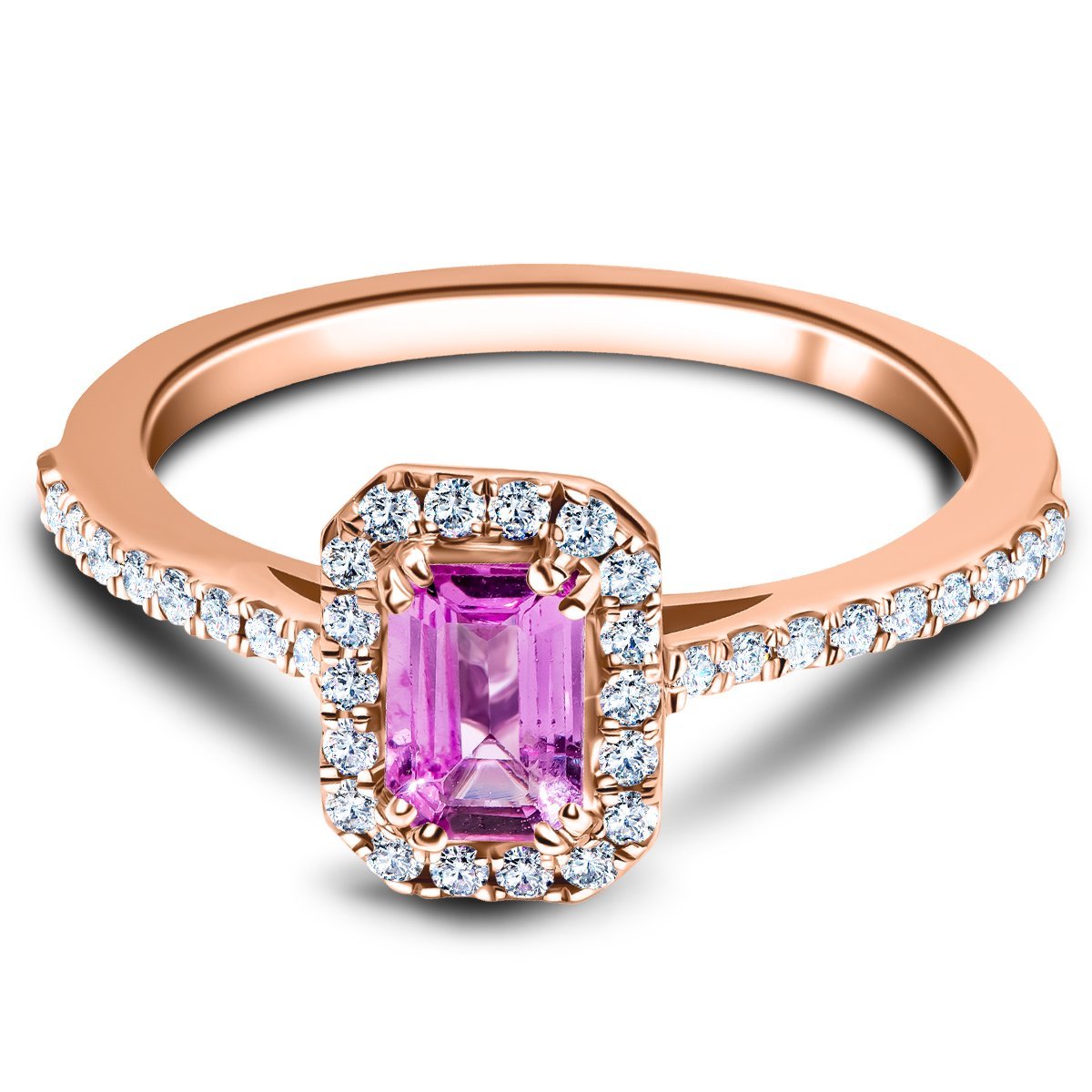 Emerald Pink Sapphire & Diamond 0.90ct Halo Ring in 18k Rose Gold - All Diamond