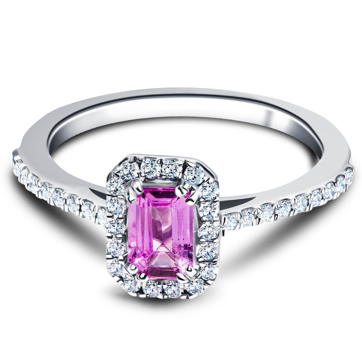Emerald Pink Sapphire & Diamond 0.90ct Halo Ring in Platinum - All Diamond