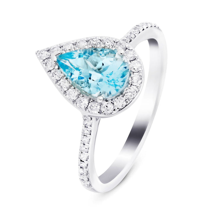 Anillo Halo Pera Aguamarina 1.09ct y Diamante 0.33ct en Platino