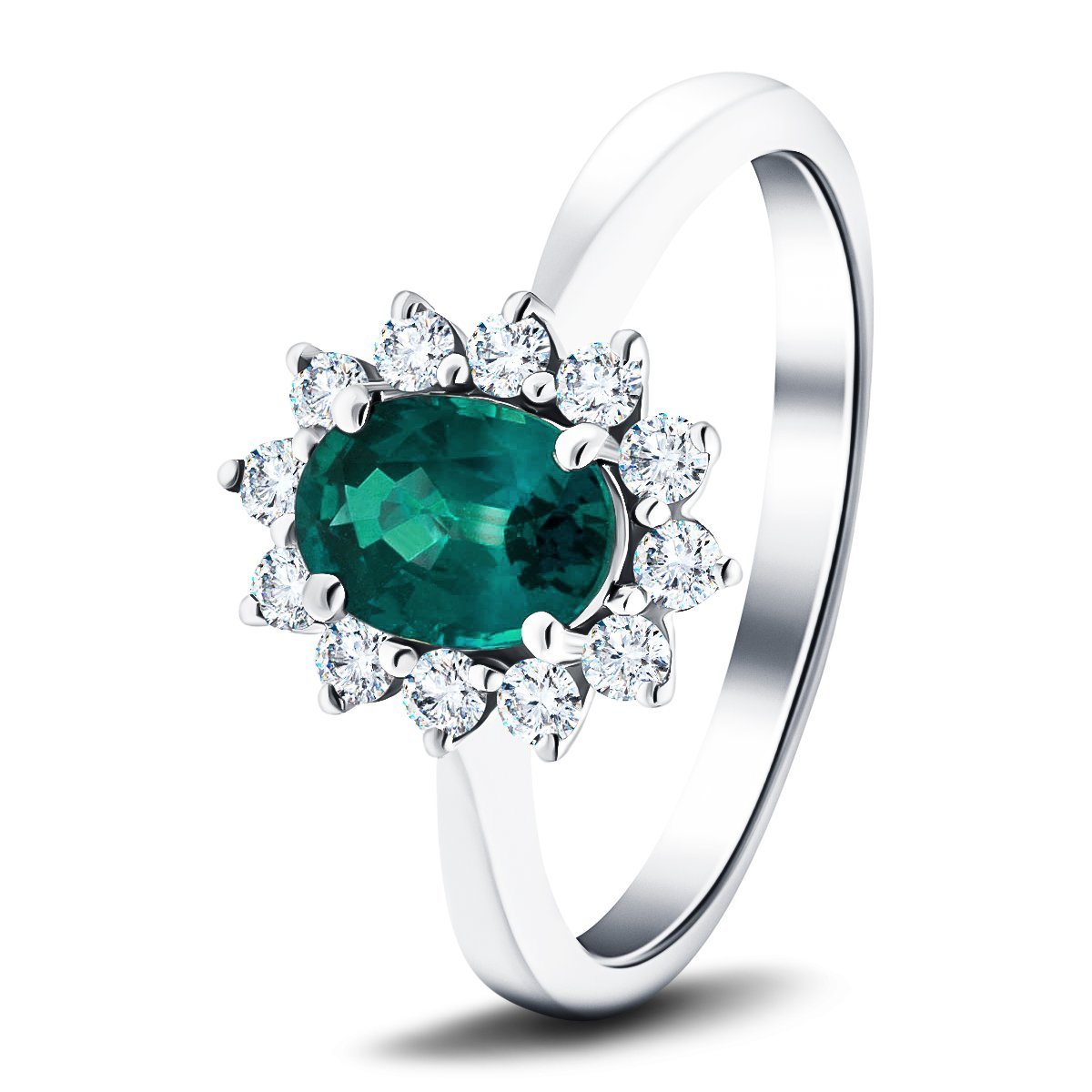 Oval 0.45ct Emerald 0.20ct Diamond Cluster Ring 18k White Gold