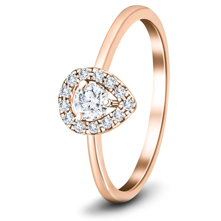 Anillo de compromiso de diamantes con halo de pera con 0,30 ct en oro rosado de 18 k