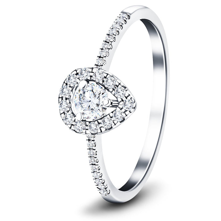 Anillo de compromiso de diamantes con halo de pera y piedra lateral, 0,35 ct, G/SI, oro blanco de 18 k