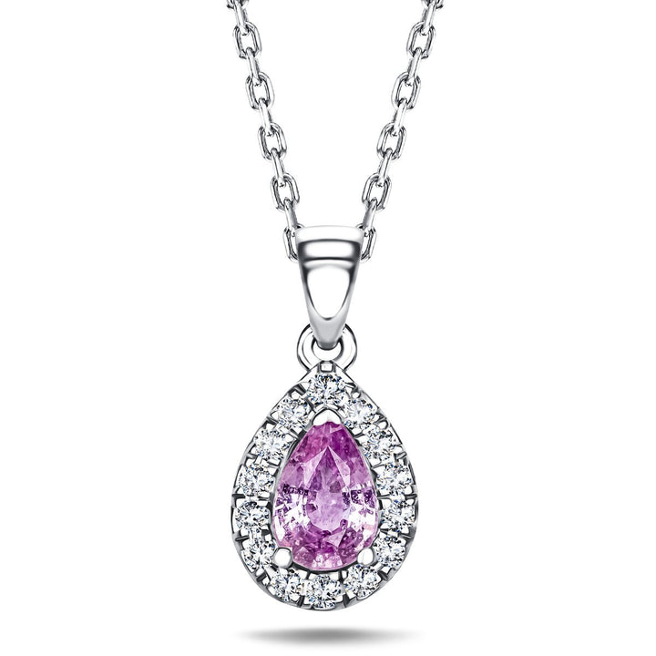 Collar con colgante de zafiro rosa pera y diamantes, oro blanco de 18 quilates de 0,75 quilates