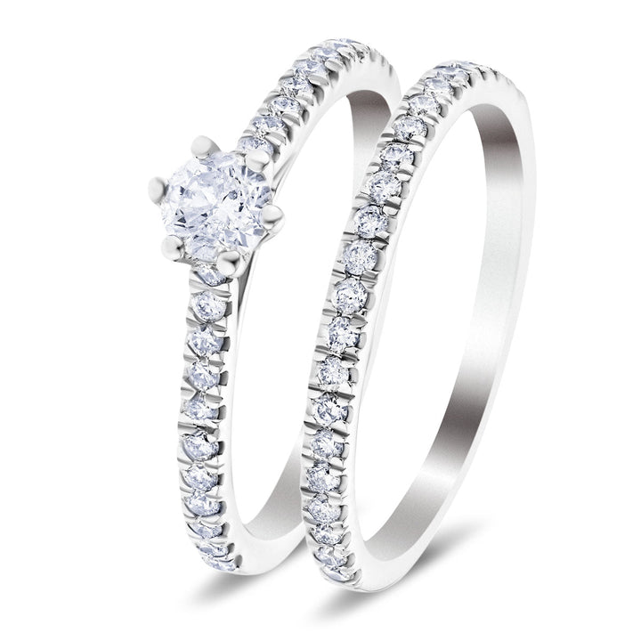 Anillo de compromiso y boda con diamantes de seis puntas certificados de 0,75 quilates G/SI en platino