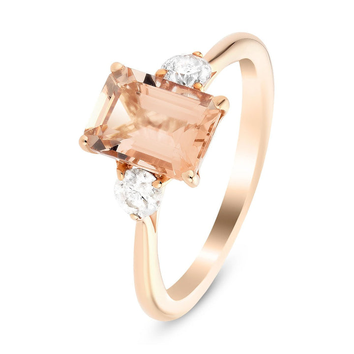 Anillo de tres piedras de morganita de 1,48 ct y diamante de 0,31 ct en oro rosa de 9 k