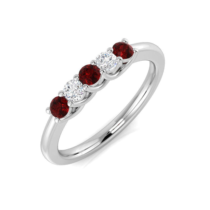 Rubí de 0,25 ct Diamante de 0,12 ct Anillo de cinco piedras Oro blanco de 18 k