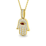 0.35ct Diamond Ruby 9k Yellow Gold 'Evil Eye' Hamsa Pendant Necklace - All Diamond