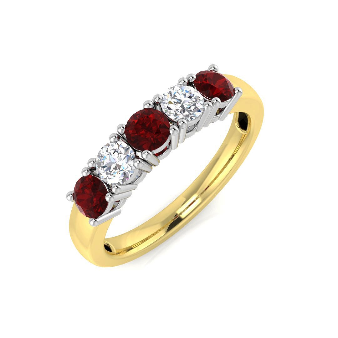 0.55ct Ruby 0.30ct Diamond Five Stone Ring 18k Yellow Gold - All Diamond