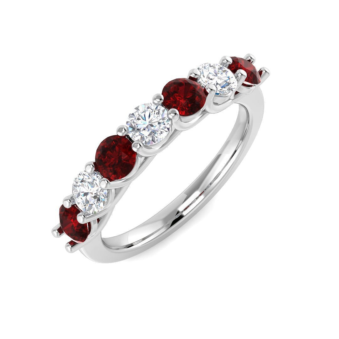 0.70ct Ruby 0.40ct Diamond Seven Stone Ring 18k White Gold - All Diamond