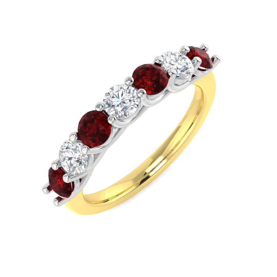0.70ct Ruby 0.40ct Diamond Seven Stone Ring 18k Yellow Gold - All Diamond
