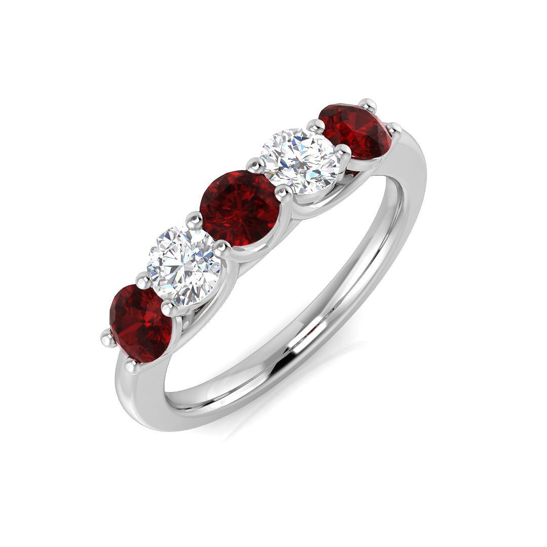 0.75ct Ruby 0.40ct Diamond Five Stone Ring 18k White Gold - All Diamond