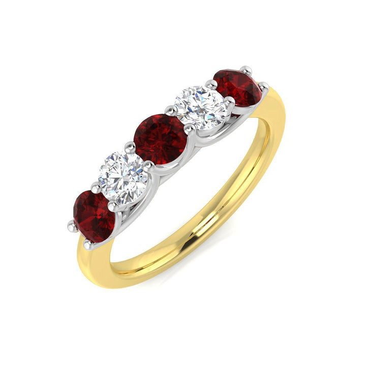 Rubí de 0,75 ct Diamante de 0,40 ct Anillo de cinco piedras Oro amarillo de 18 k