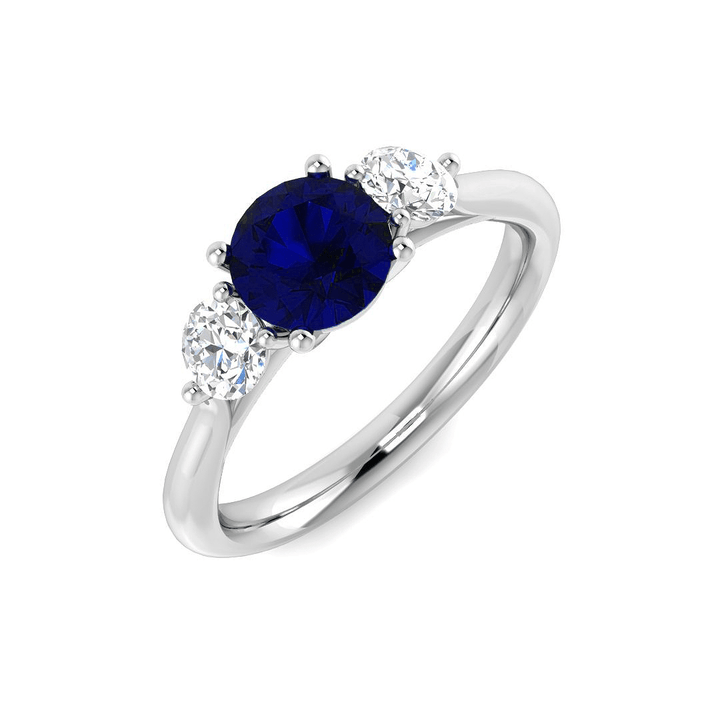 Anillo trilogía de zafiro azul de 0,96 ct y diamantes de 0,54 ct en oro blanco de 18 k