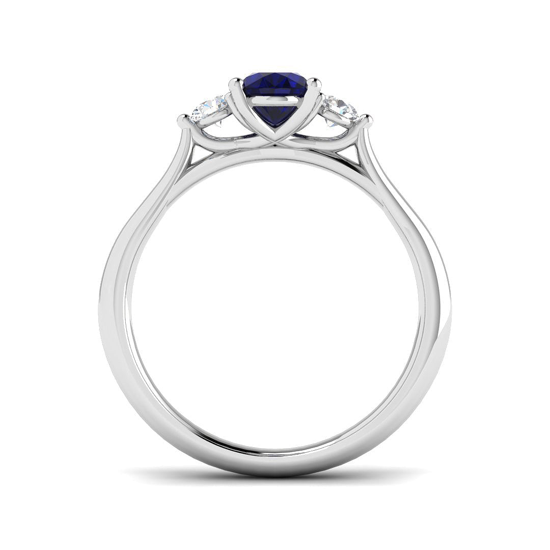 1.12ct Blue Sapphire with 0.23ct Diamond Trilogy Ring 18k White Gold - All Diamond