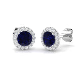 1.20ct Blue Sapphire & Diamond Round Cluster Earrings 18k White Gold - All Diamond