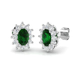 1.50ct Emerald & Diamond Oval Cluster Earrings 18k White Gold - All Diamond