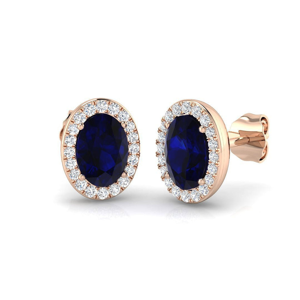 1.90ct Blue Sapphire & Diamond Oval Cluster Earrings 18k Rose Gold - All Diamond