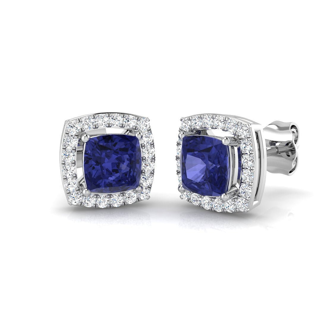 2.05ct Tanzanite & Diamond Cushion Cluster Earrings 18k White Gold - All Diamond