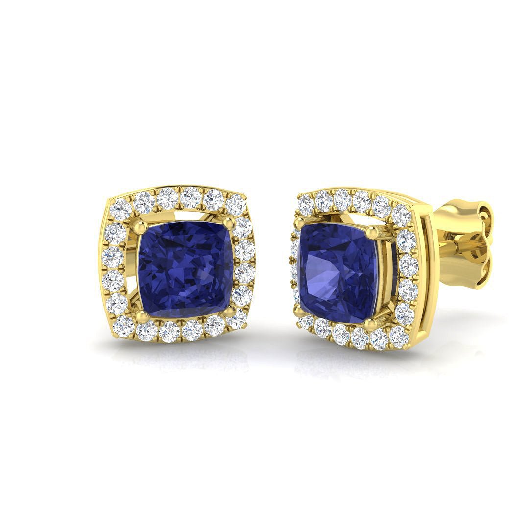 2.05ct Tanzanite & Diamond Cushion Cluster Earrings 18k Yellow Gold - All Diamond