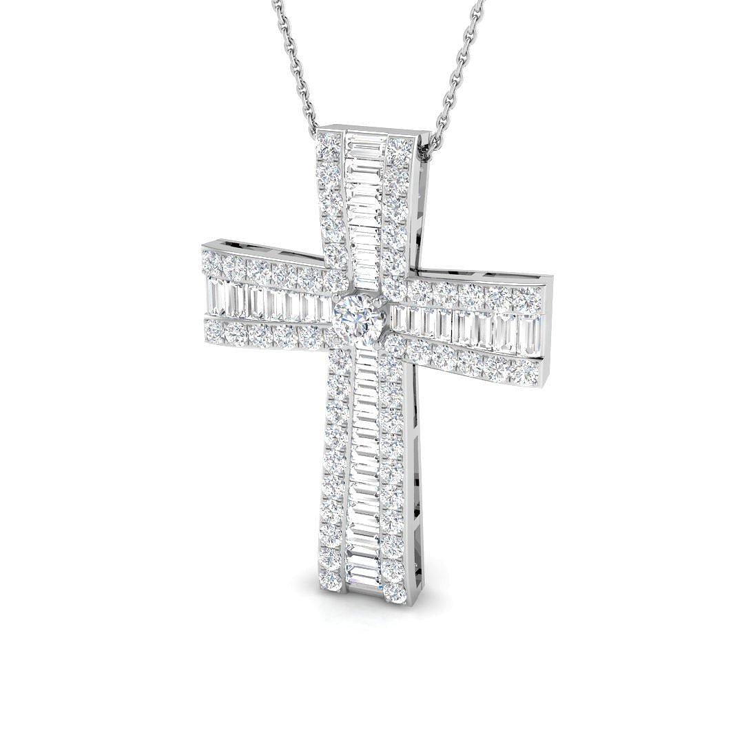 2.30ct Baguette and Round Cut Claw Set Diamond Cross in 18k White Gold - All Diamond
