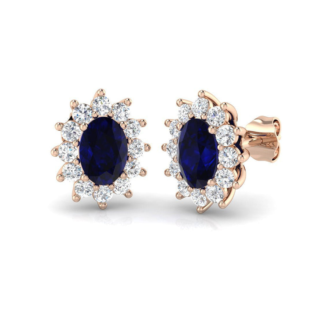 2.55ct Blue Sapphire & Diamond Oval Cluster Earrings 18k Rose Gold - All Diamond