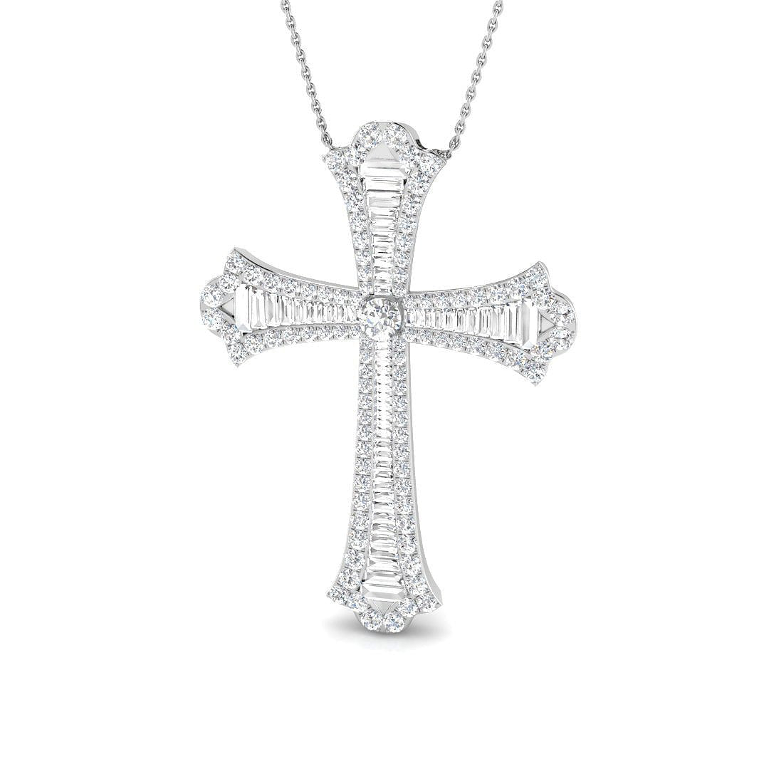 3.00ct Baguette & Round Claw Set Diamond Cross in 18k White Gold - All Diamond